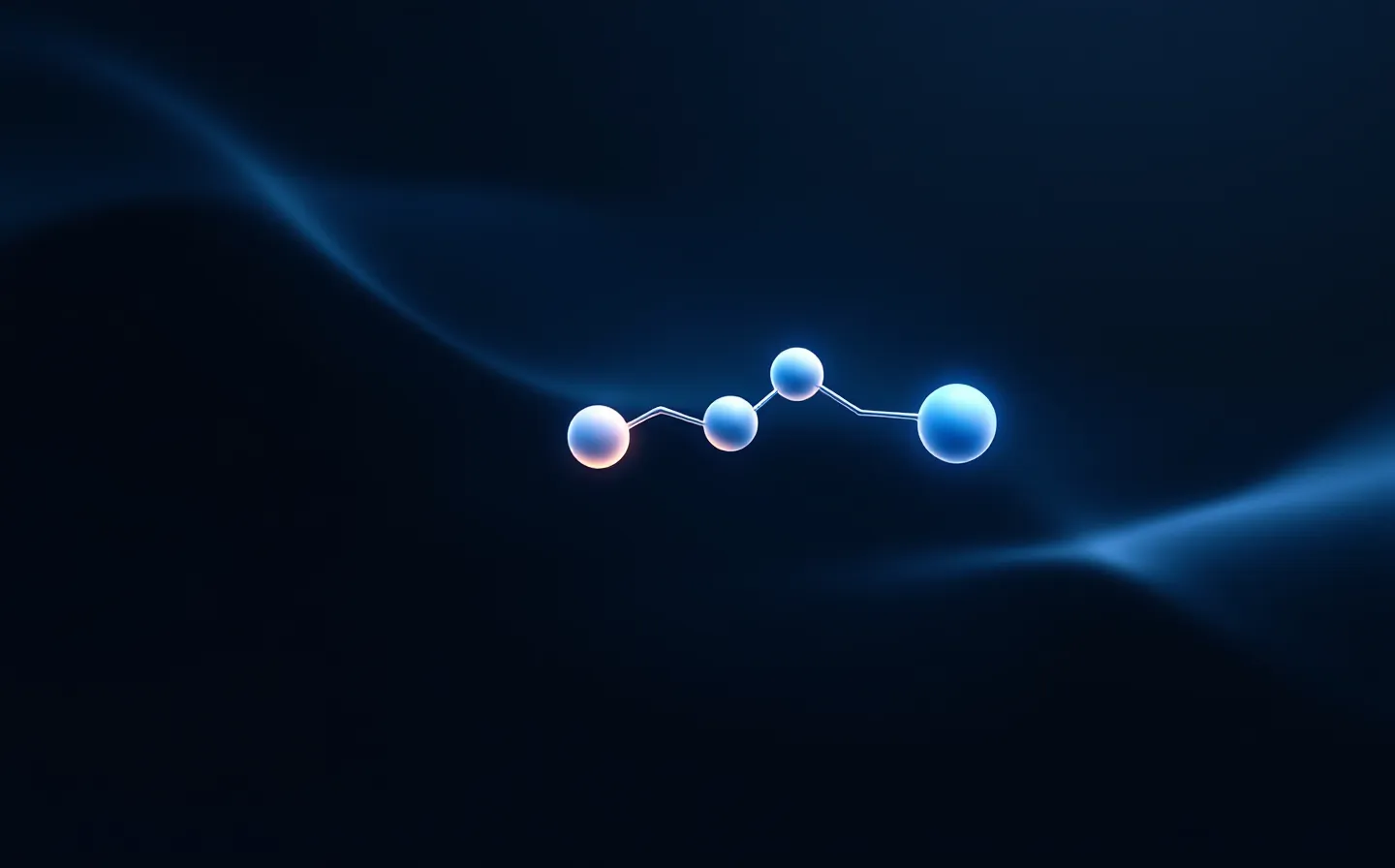 A refined steel-blue line illustration of a bright seven-bead peptide fragment lifted from a fainter whole-protein loop behind it, with one ice-blue active-site node, on a deep blue-slate void